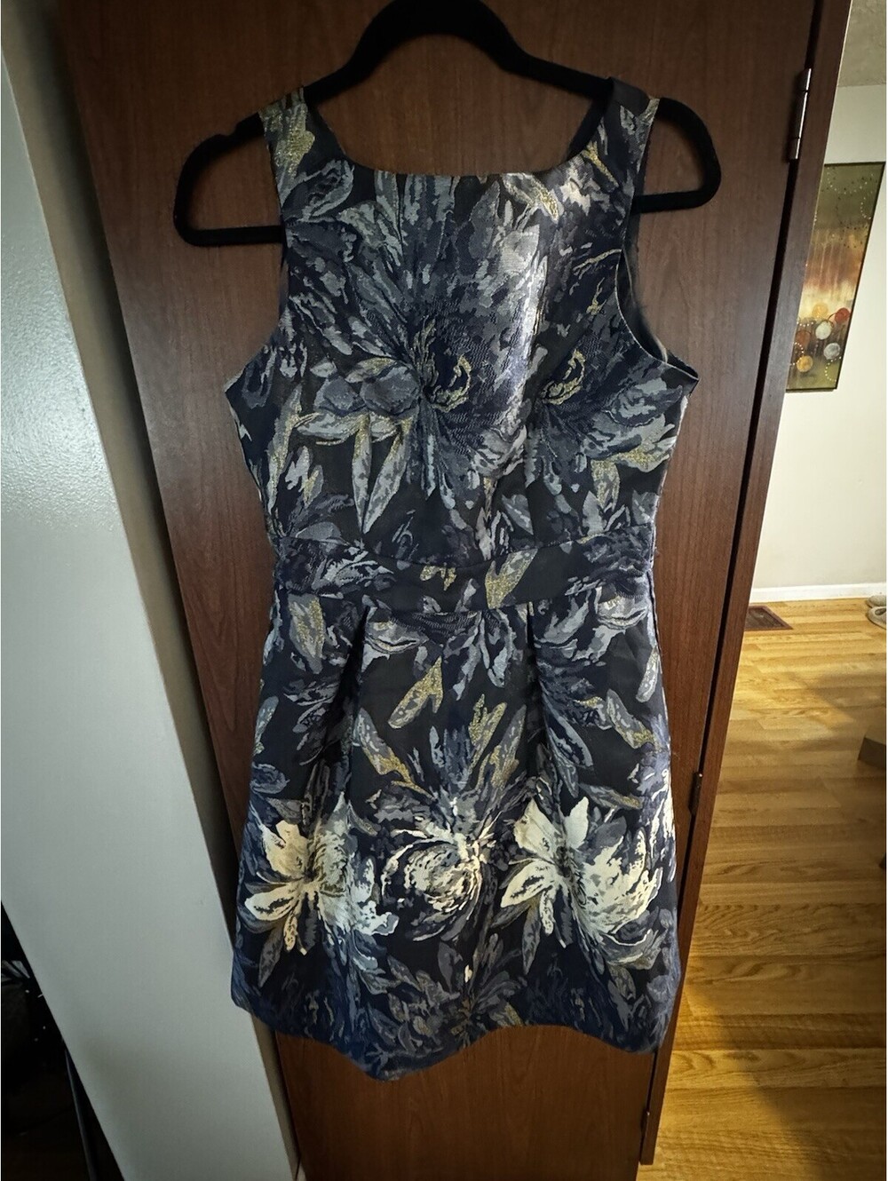 Jessica Howard Dress Size 6 Metallic Floral Jacquard Fit Flare Cocktail Navy